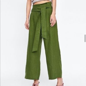 LAST NWT ZARA GREEN 100% LINEN PANTS WITH TIE BELT